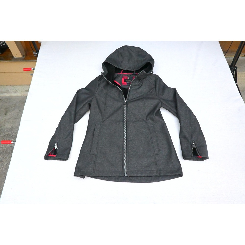 Pendleton M Charcoal Softshell Jacket Hooded Buffalo Plaid Lined Zip Pockets